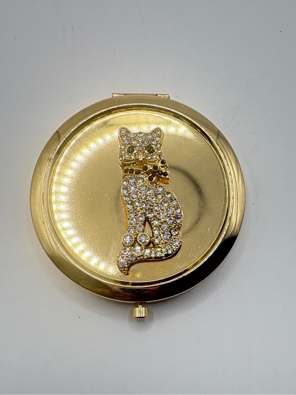 Brand New Monet Gold Cat Rhinestone Compact Mirror